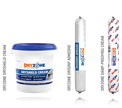 The Dryzone System Product Range: Dryshield Salt Barrier, Drygrip Adhesive and Dryzone Damp-Proofing Cream