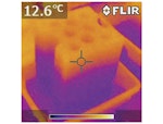 Thermal image of concrete block resting in water. Lower part of image is cooler as rising damp has led to evaporative cooling