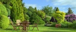 Timber tables and chairs on a sunny day