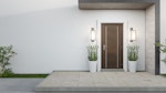New house with wooden door and empty White concrete wall. Render.